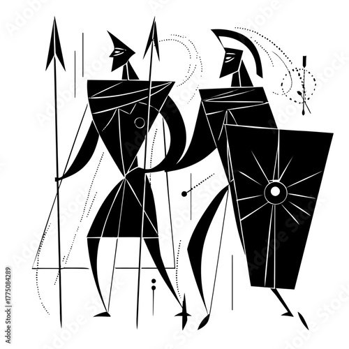 Stylized illustration of two warriors with spears and shields in black and white