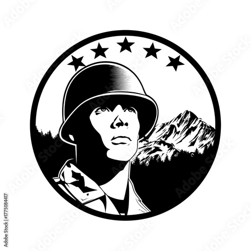 Soldier portrait with helmet and stars looking up monochrome vector