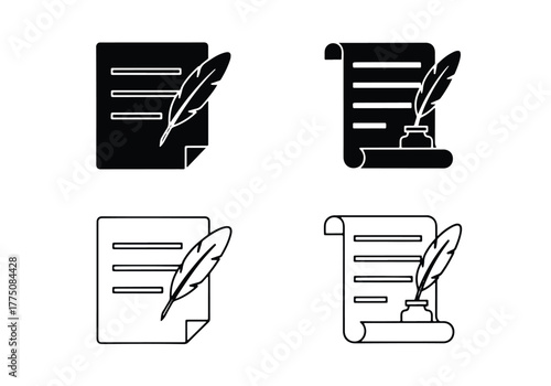 Classic writing quill feather inkwell document icons set - Vector icon symbol for website - Icon vector - Blue icon vector - Line and glyph solid icon set