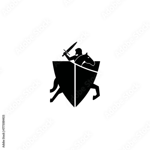 Knight silhouette illustration sword raised on horseback shield emblem