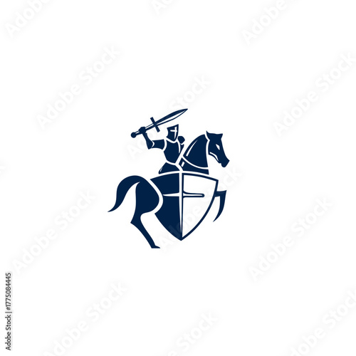 Knight on horseback heraldic emblem with sword and shield against white
