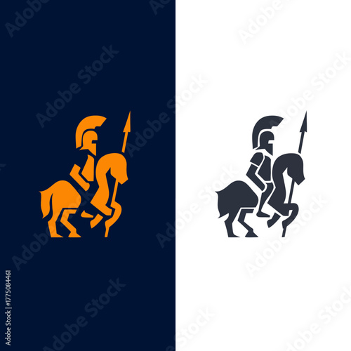 Stylized knight on horseback illustration in two color variations