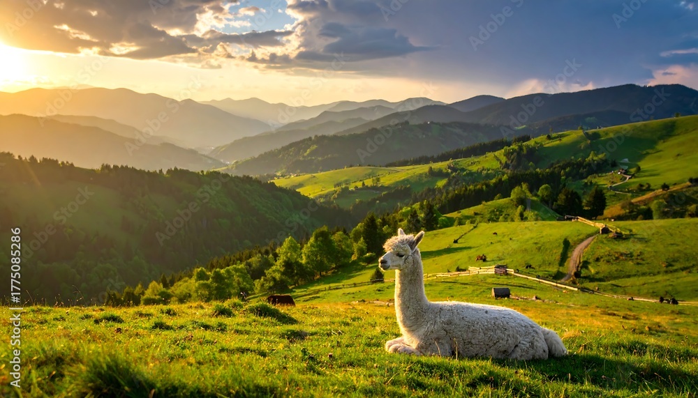 Naklejka premium Tranquil scene Llama rests on grassy hillside, overlooking mountain range