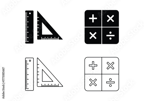 Math tools ruler and calculator icons set geometric shapes - Vector icon symbol for website - Icon vector - Blue icon vector - Line and glyph solid icon set
