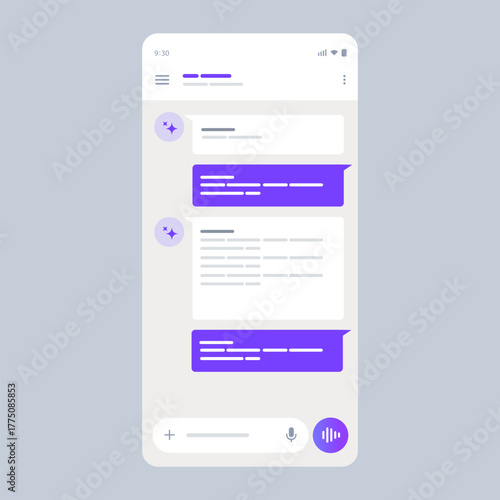Mobile chat interface user interacts with Artificial Intelligence AI assistant chat bubbles visualizing chatbots and advanced digital communication