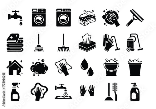 Household cleaning supplies and tools icons collection pack - Vector icon symbol for website - Icon vector - Blue icon vector - Line and glyph solid icon set