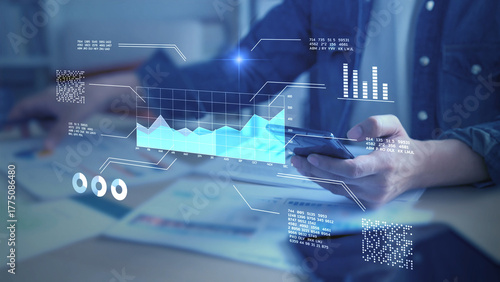 Businessman analyzing virtual data futuristic holographic dashboard business intelligence BI financial analysis big data visualization. stock market investment trends financial performance statistics