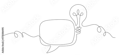 One continuous line drawing of a lightbulb for an idea and a speech bubble for a quote, a minimalist vector concept