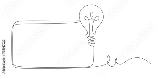 One continuous line drawing of a lightbulb for an idea and a speech bubble for a quote, a minimalist vector concept