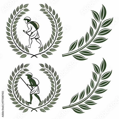 Illustration of laurel wreath with man carrying backpack