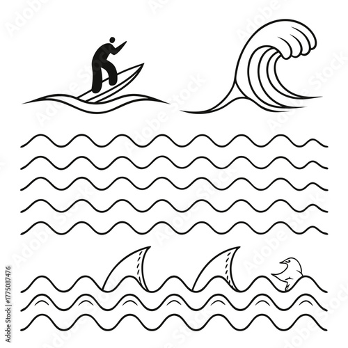 Surfing and sea life line art illustration minimalist ocean scene