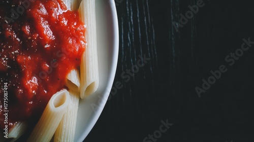Closeup of Penne Pasta with Tomato Sauce on White Plate.