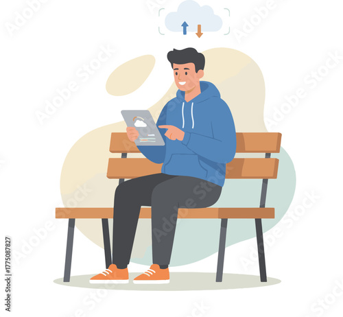 Man Using Cloud Storage Service on Tablet Outdoors