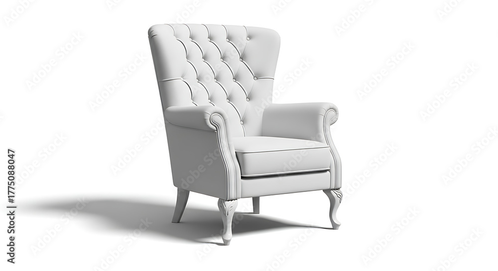 Naklejka premium Isolated elegant wingback chair in white, perfect for luxury interior design concepts or high-end furniture product photography.