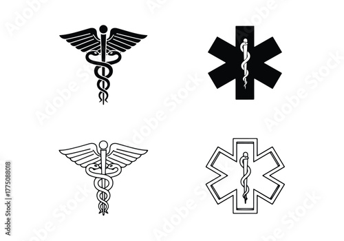 Medical symbols caduceus star of life health care icons - Vector icon symbol for website - Icon vector - Blue icon vector - Line and glyph solid icon set