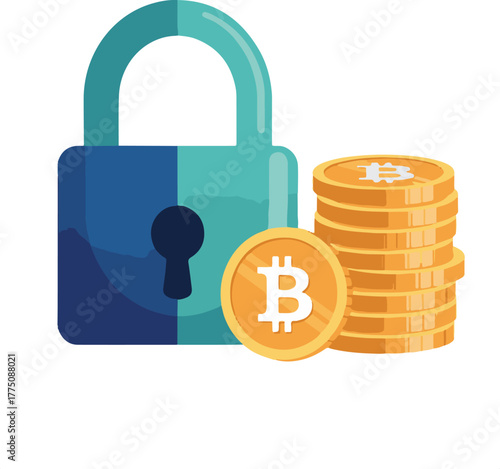 geometric padlock standing next to a stack of gold Bitcoin coins