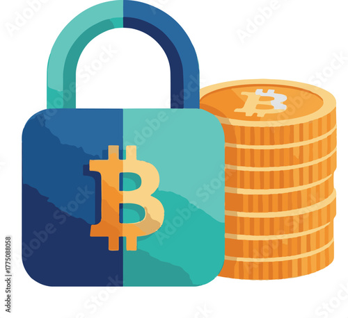 geometric padlock standing next to a stack of gold Bitcoin coins
