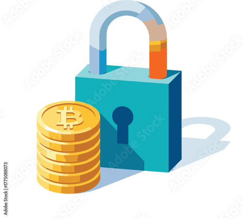 geometric padlock standing next to a stack of gold Bitcoin coins
