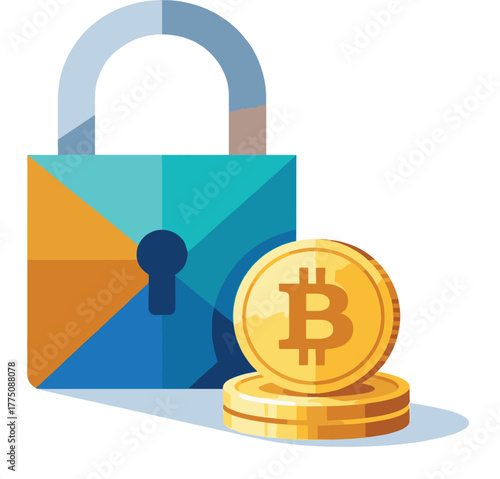 geometric padlock standing next to a stack of gold Bitcoin coins