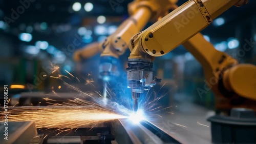 Innovative robotic arms welding metal in a modern industrial setting with sparks flying