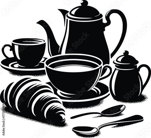 Morning coffee set with croissant, teapot, cups, and sugar bowl