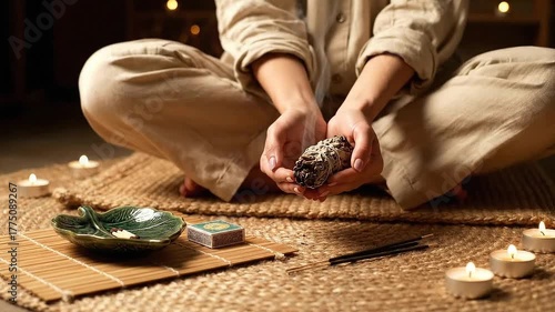 Woman Meditating Holding Stone with Candles in Low Light Setting Beige Outfit and Braided Hair for Spiritual Practices Indoor Calm and Peace Concept on Woven Rug 195c