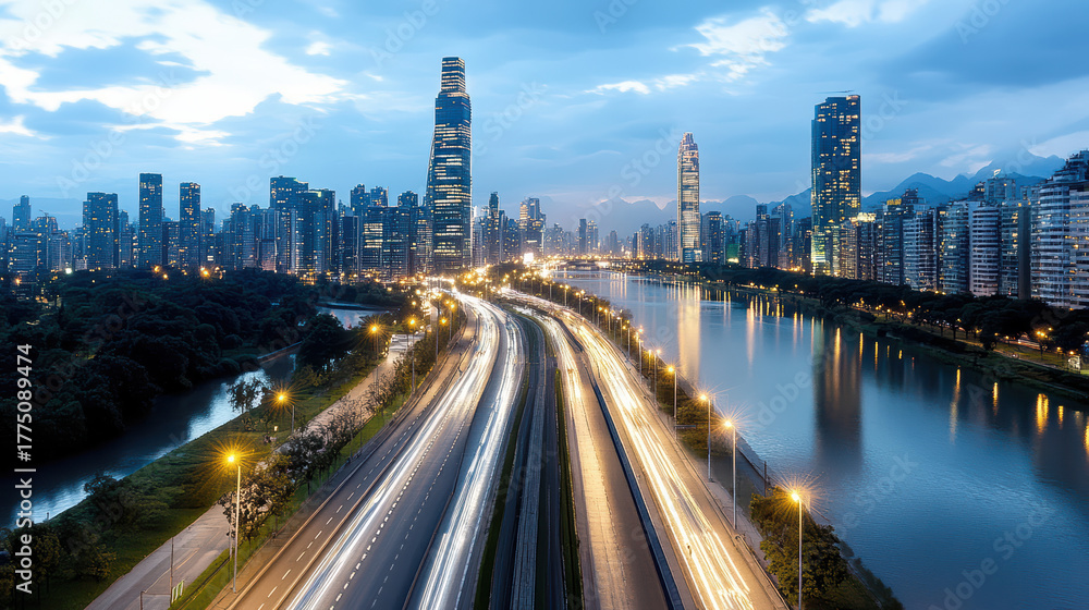 Obraz premium Illuminated city skyline at dusk with flowing traffic along river, creating tranquil atmosphere