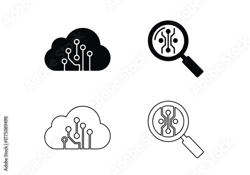 Cloud technology search icons data network circuitry magnifying glass - Vector icon symbol for website - Icon vector - Blue icon vector - Line and glyph solid icon set