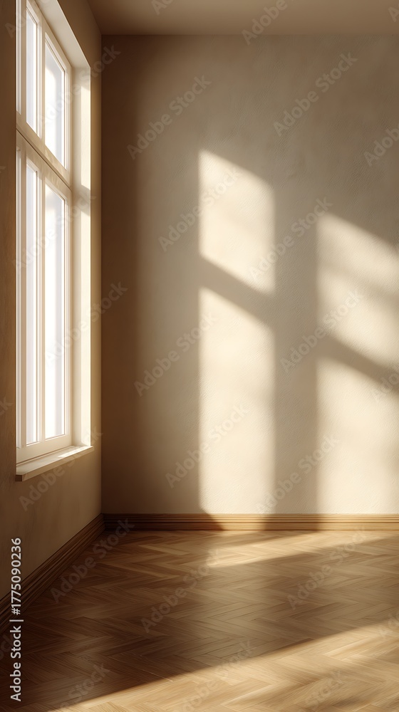 Obraz premium Bright sunlight streams through a window illuminating an empty room with herringbone floor