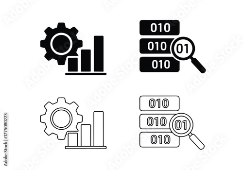 Data analysis and binary code icons set - Vector icon symbol for website - Icon vector - Blue icon vector - Line and glyph solid icon set
