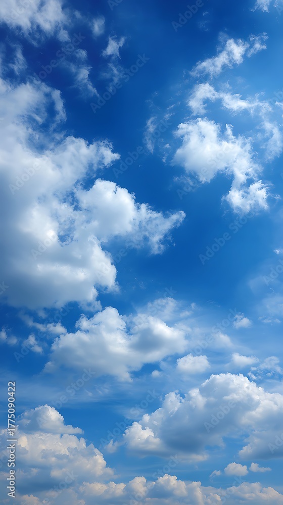 Obraz premium Deep blue sky panorama with puffy white cumulus clouds on a sunny day
