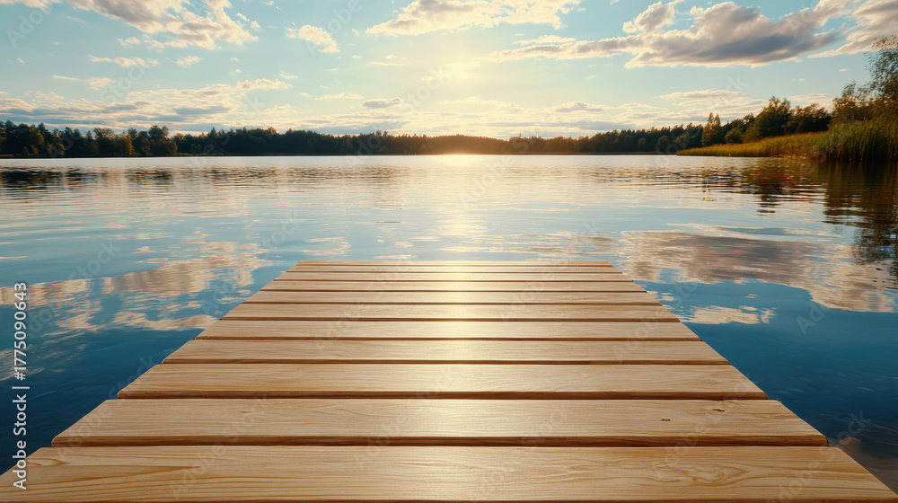 Obraz premium Serene wooden dock extends over tranquil lake, reflecting golden sunlight and fluffy clouds