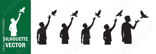 People Releasing Birds Silhouettes. Freedom Concept. Vector Illustration