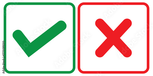  Green check mark and red cross mark icon set. Green tick and red x. Symbols of approval and Decline. Check box right and wrong buttons and yes or no checkmark icons in green tick box and red cross. 