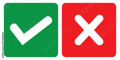  Green check mark and red cross mark icon set. Green tick and red x. Symbols of approval and Decline. Check box right and wrong buttons and yes or no checkmark icons in green tick box and red cross. 