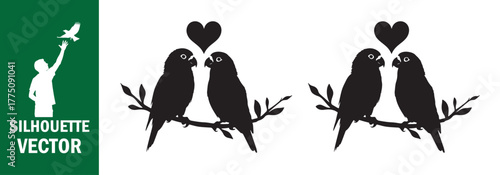 Two Love Bird Couples on Branches with Hearts