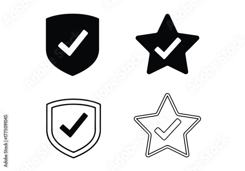 Shield and star icons with checkmarks for approval and quality - Vector icon symbol for website - Icon vector - Blue icon vector - Line and glyph solid icon set