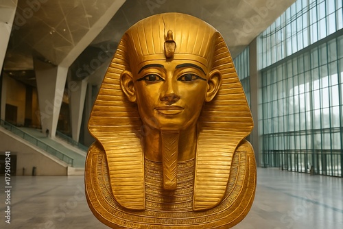 Golden Egyptian Pharaoh Mask in Modern Museum – Ancient Art, Archaeological Heritage, Tutankhamun, Egyptian Civilization, Culture, Tourism, Historic MonumentTreasures at the Egyptian Grand Museum
