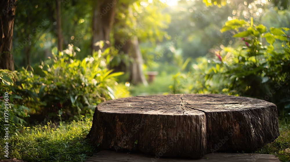 Fototapeta premium Rustic wood stump platform in a sun dappled forest with green vegetation backdrop