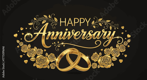 Golden happy anniversary design with rings and floral elements on black background