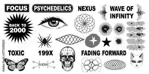 Collection of abstract graphic elements and text with a retro futuristic and psychedelic aesthetic