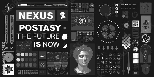Abstract collage of futuristic technology and classical sculpture with the words nexus postasy the future is now