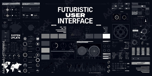 Futuristic user interface displaying data graphs charts and world map