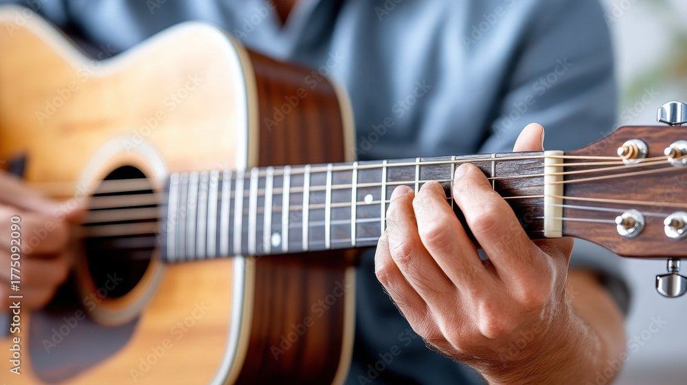Obraz premium Close up of fingers pressing guitar strings, creating peaceful melody
