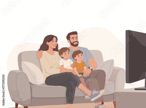 Family Relaxing on Couch Watching Television Together Enjoying Their Entertainment Time at Home