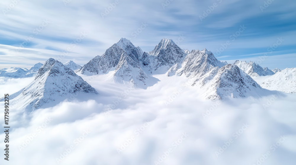 Obraz premium Majestic snowy mountain peaks rise above sea of clouds, creating tranquil and serene landscape