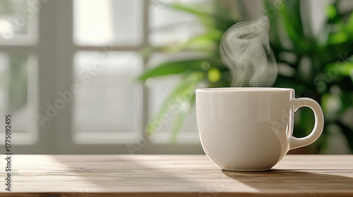 Wallpaper Mural Steaming coffee cup wooden table with sunlight and greenery background creates peaceful Torontodigital.ca