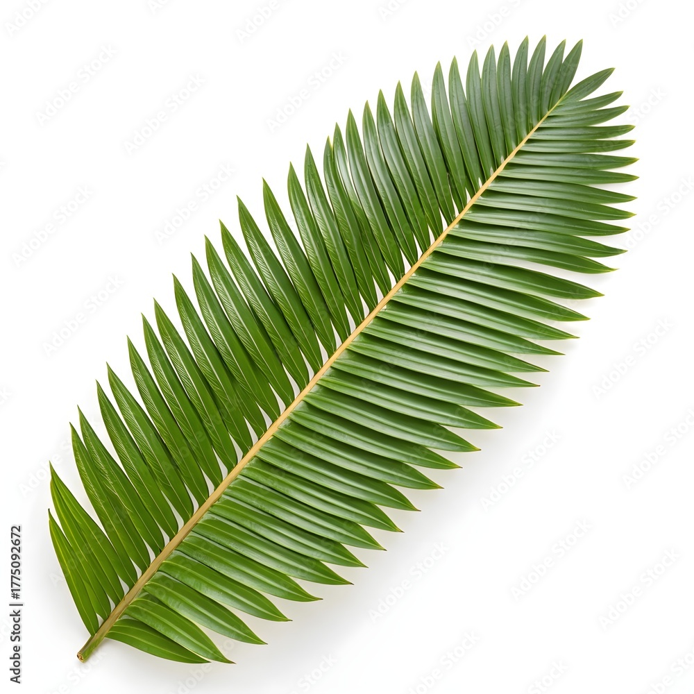 Obraz premium Dioon spinulosum Leaf Towering Giant Mexican Cycad Frond with Long Feathered Green Leaflets and Elegant Tropical Form on Bright White Background, Embodying Ancient Grandeur and Natural Balance