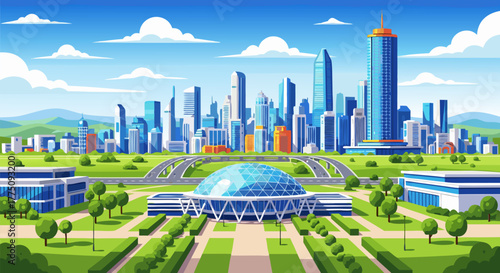 Modern urban landscape with skyscrapers, buildings, and a clear blue sky, ideal for city-related projects
