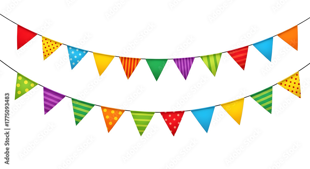Obraz premium Colorful Bunting Flags on Transparent Background, Two Strands of Triangular Party Flags Illustration, Festive Banner Garland Digital Mockup, Bright Celebration Pennant Strings Design, Decorative Multi